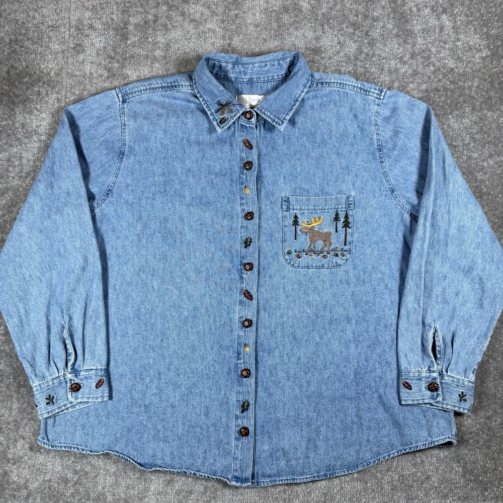 Vintage CJ Banks Shirt Women's 1X Blue Denim Embroidered Moose Long Sleeve